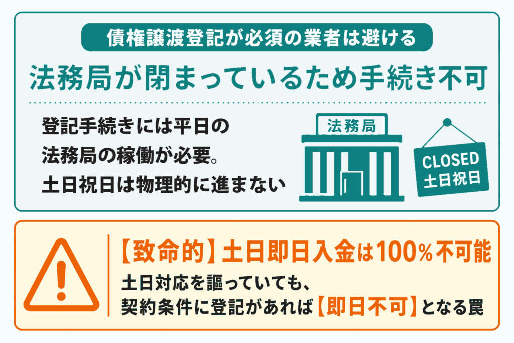 債権譲渡登記が必須のファクタリングは避けることを説明したイラスト