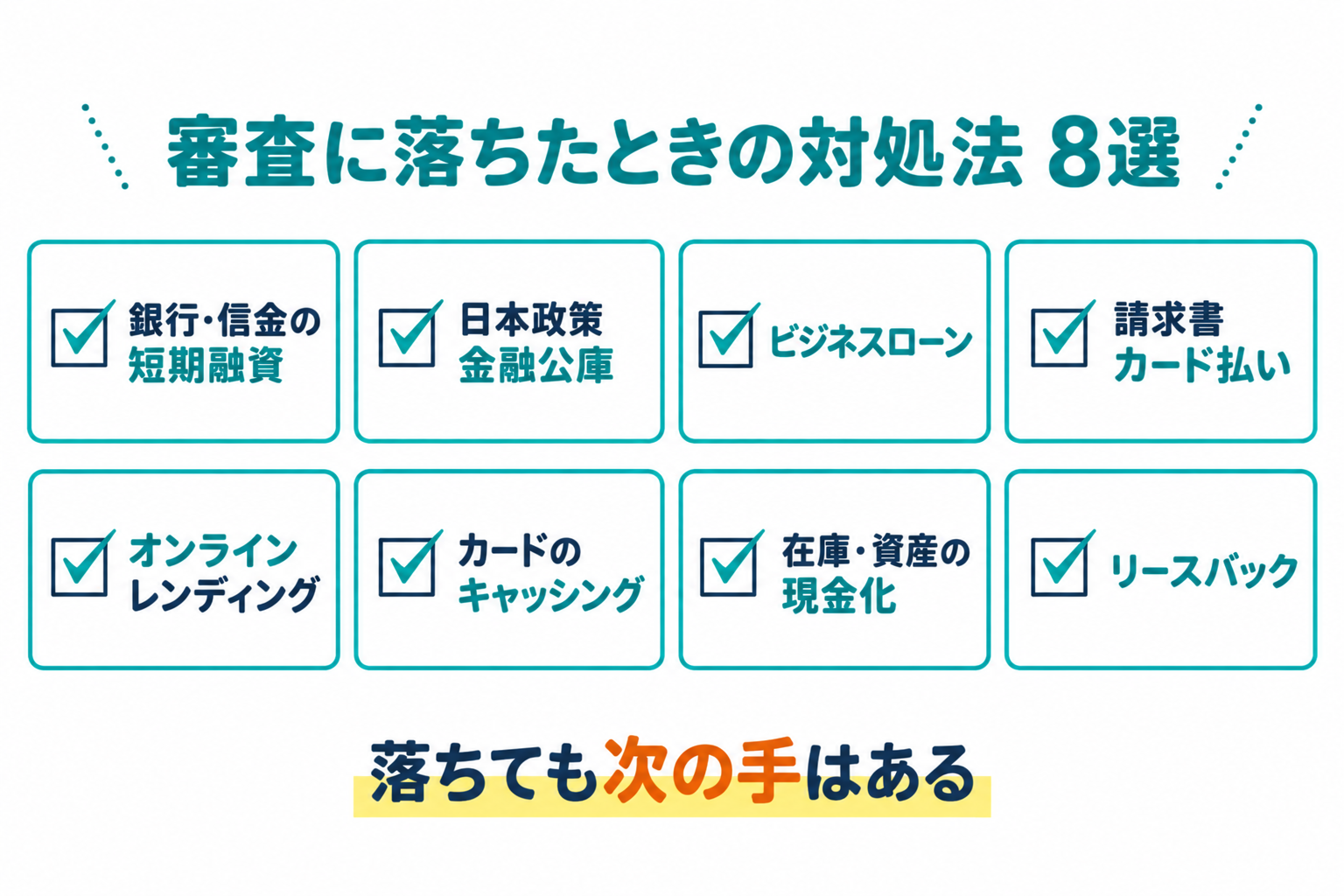 個人事業主がファクタリングの審査に落ちたときの対処法を説明したイラスト