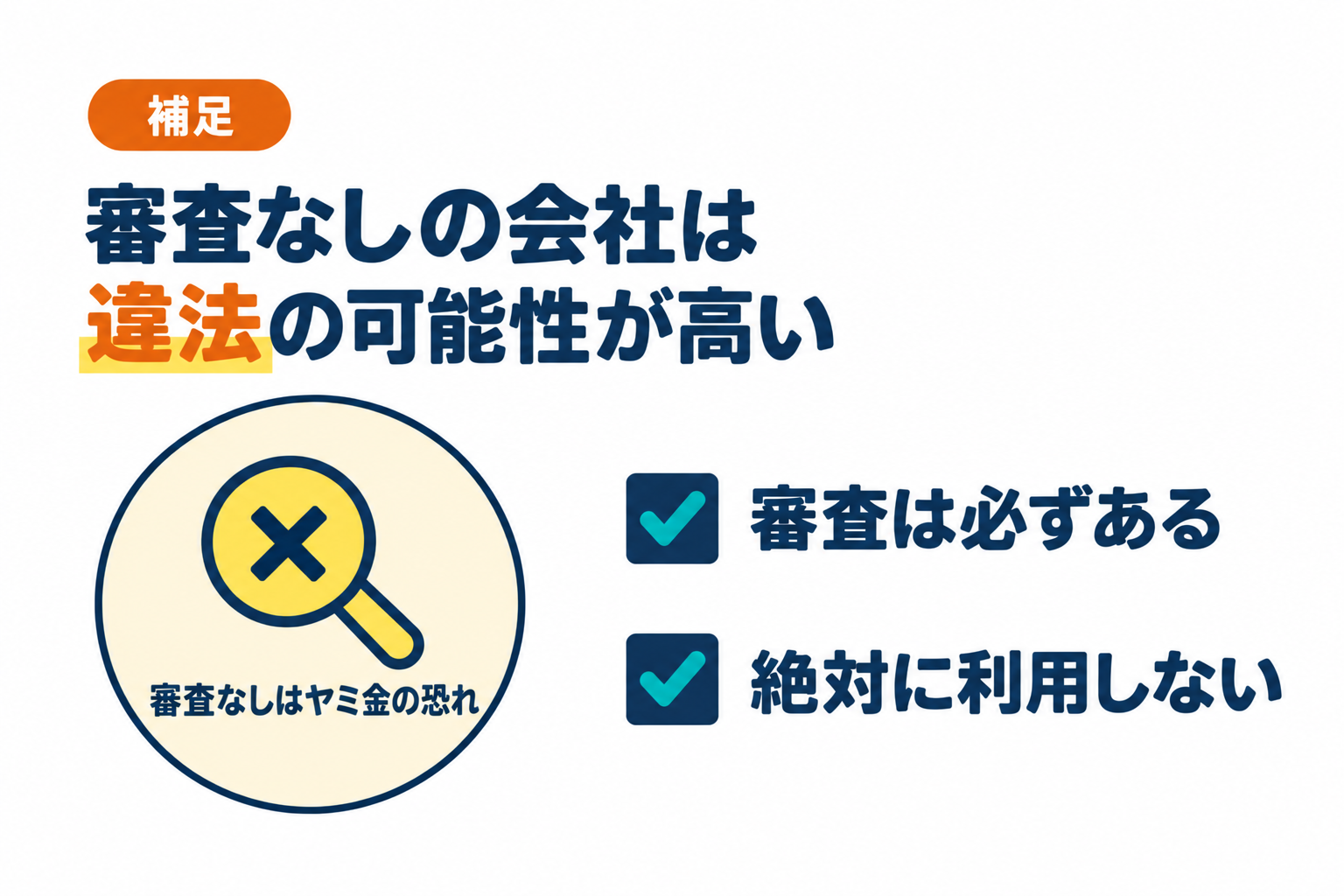 審査なしのファクタリング会社はなく違法の可能性があることを説明したイラスト