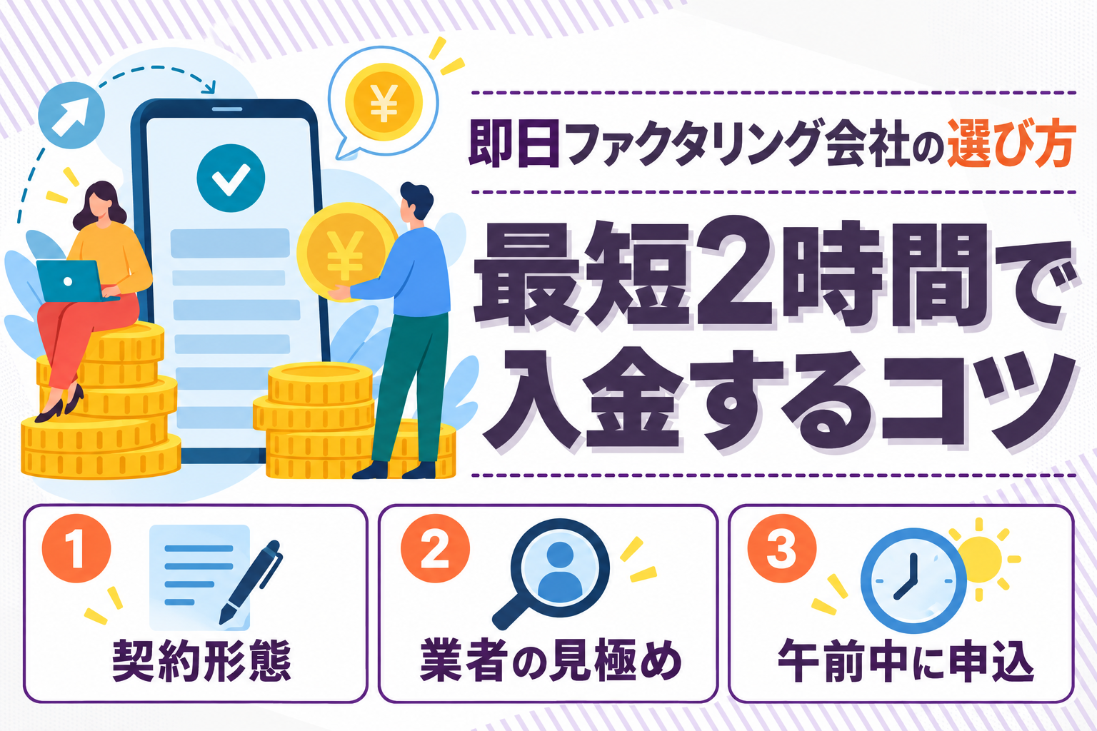 即日ファクタリング会社の選び方や最短2時間で入金するコツを説明したイラスト